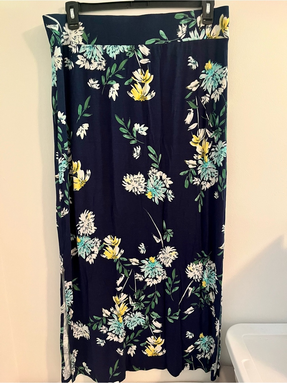 Navy Floral Maxi Skirt with Yellow & Teal Blooms
